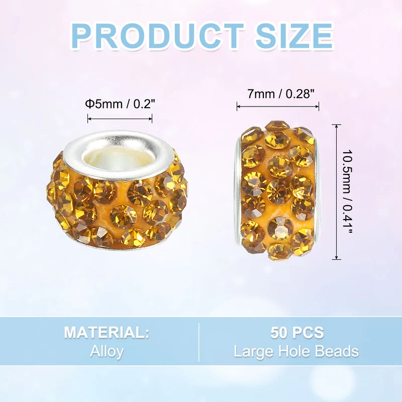 50Pcs European Large Hole Beads, Rhinestone Craft Beads, Golden Yellow