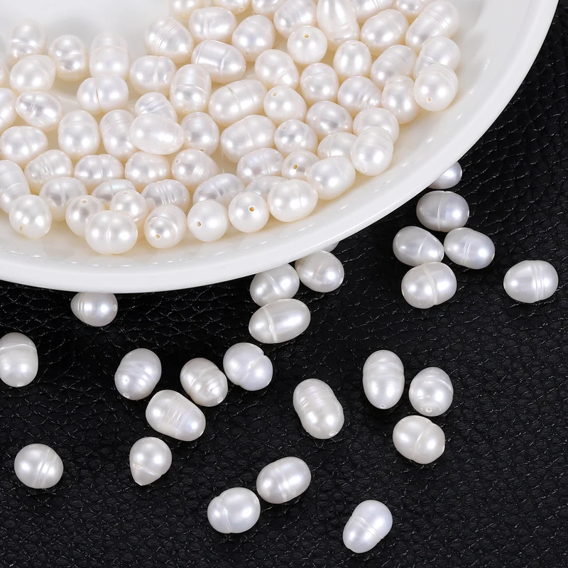 100 Pcs 7-8mm 0.8mm Hole Oval Shape Freshwater Pearl Beads,White