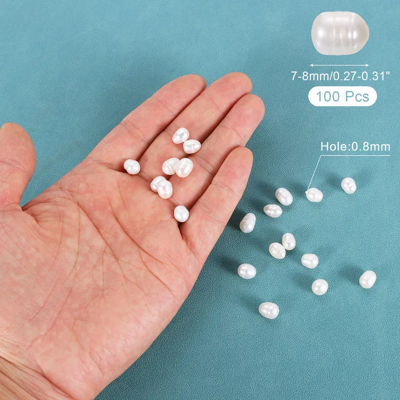 100 Pcs 7-8mm 0.8mm Hole Oval Shape Freshwater Pearl Beads,White