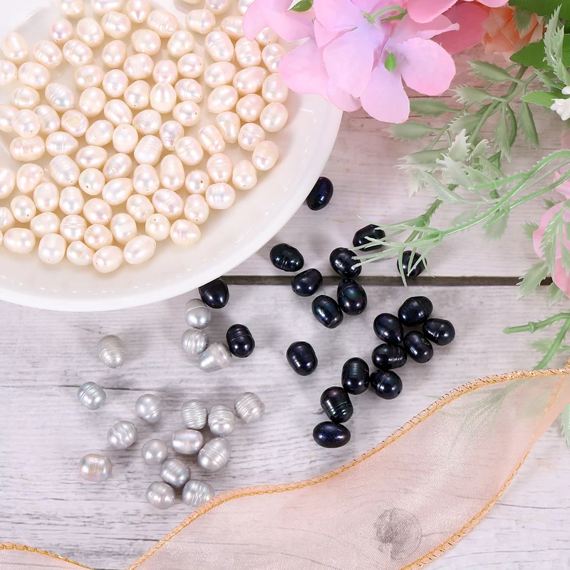 100 Pcs 7-8mm 0.8mm Hole Oval Shape Freshwater Pearl Beads,White