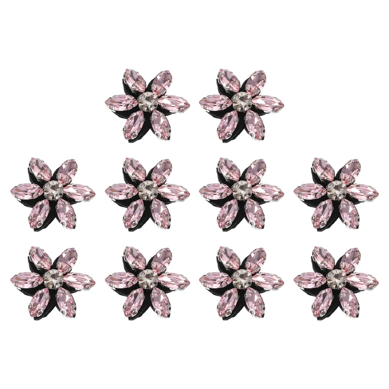 10Pcs Handmade Flower Beaded Patches, Glass Crystal Appliques, Pink/Clear