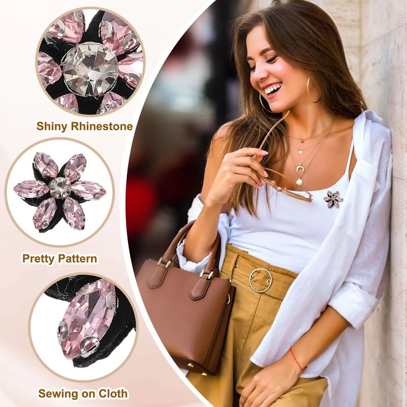 10Pcs Handmade Flower Beaded Patches, Glass Crystal Appliques, Pink/Clear