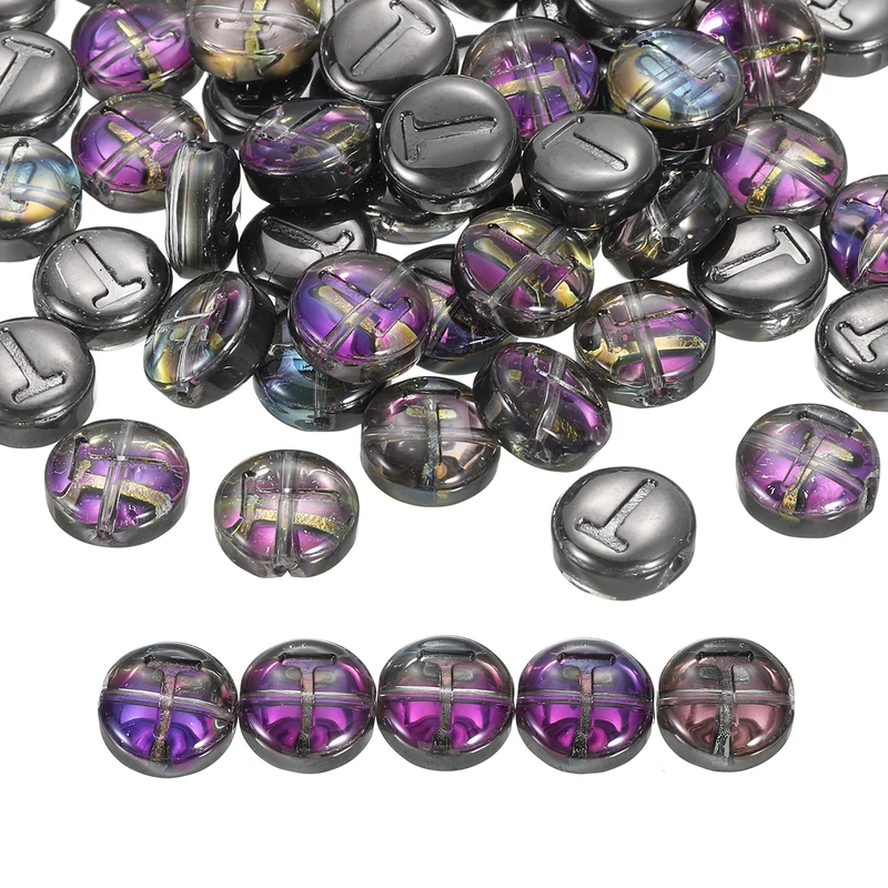 60Pcs Glass Letter Beads, 10mm t Initial Letter Spacer Beads, Black Purple