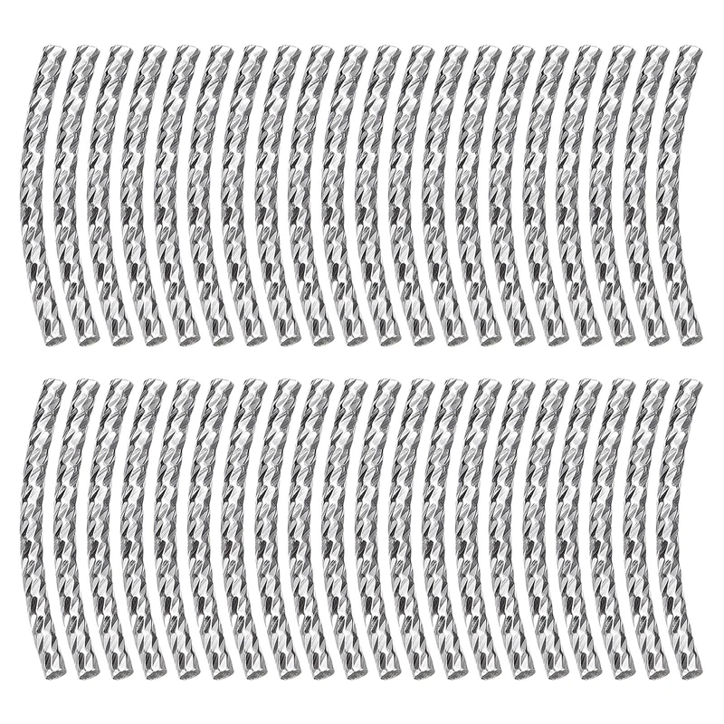 40Pcs Brass Curved Tube Beads, 1.5x20mm Noodles Spacer Bead, Silver Tone