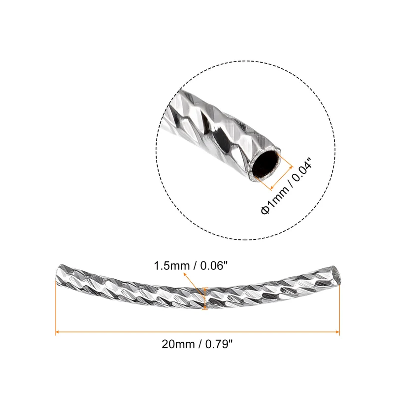40Pcs Brass Curved Tube Beads, 1.5x20mm Noodles Spacer Bead, Silver Tone