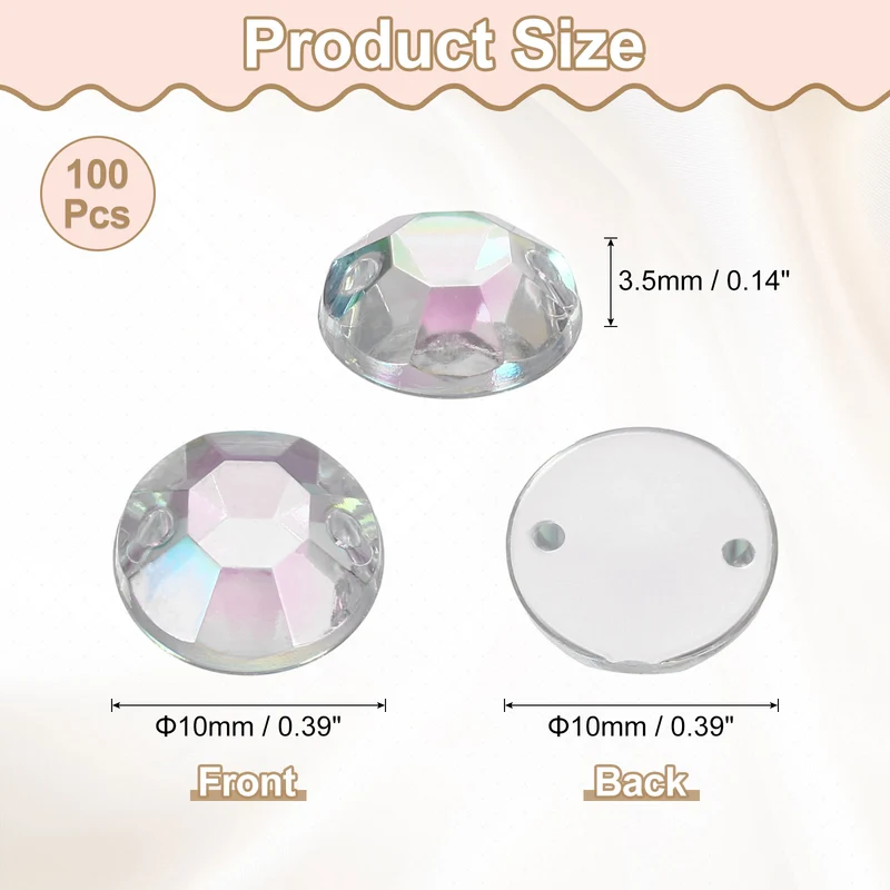 100Pcs Flat Back Sew on Rhinestones Beads 10mm Crystal Round Gems Clear AB