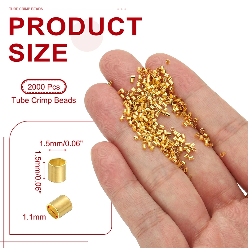 2000 Pcs Tube Crimp Beads, 1.5x1.5mm Crimp Beads for Jewelry Making, Gold