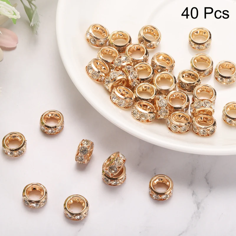 40Pcs 12mm Large Hole Rhinestone Beads European Bulk Spacer Bead Gold