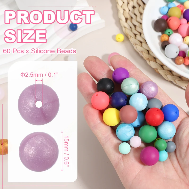 60 Pcs Silicone Beads, 15mm Bulk Beads for Keychain Making, Dark Pink