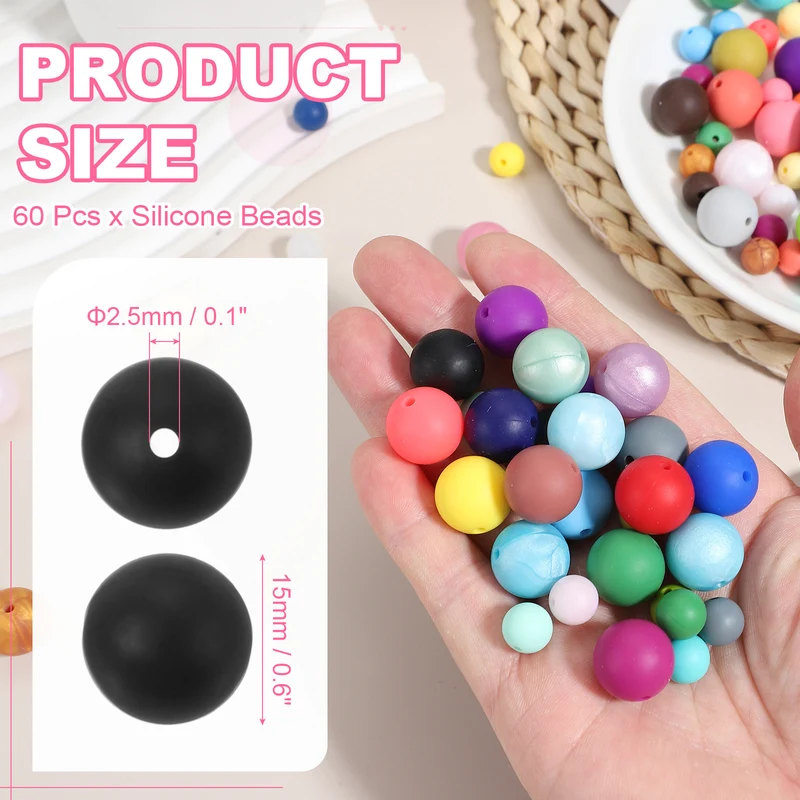 60 Pcs Silicone Beads, 15mm Bulk Beads for Keychain Making, Black
