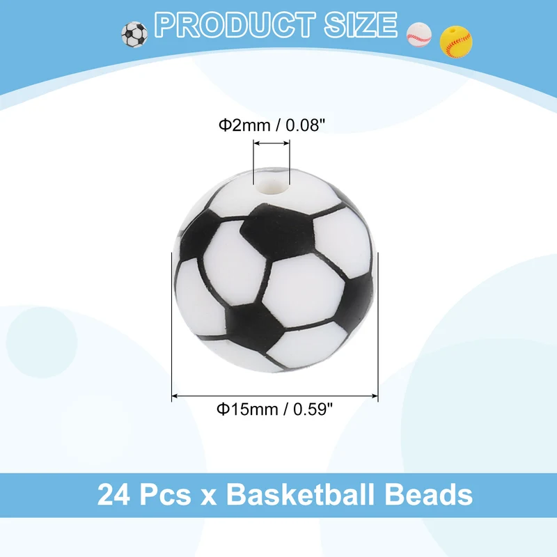 24Pcs Sports Ball Beads 15mm Silicone Round Spacer Focal Bead Soccer