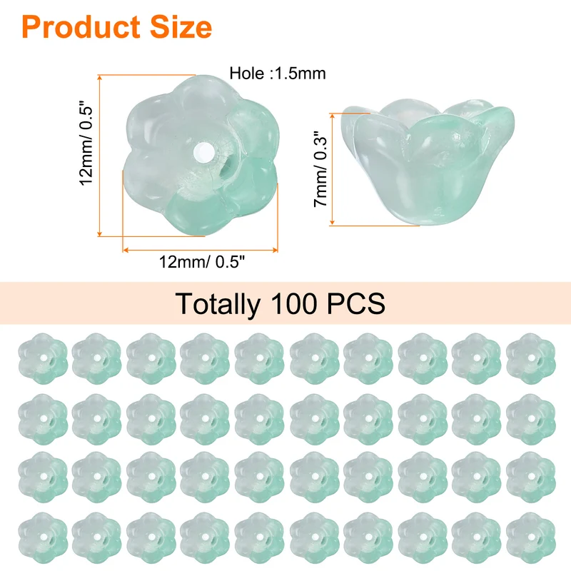 100 Pcs Glass Flower Beads for Jewelry Making, Loose Bead Charm, Cyan