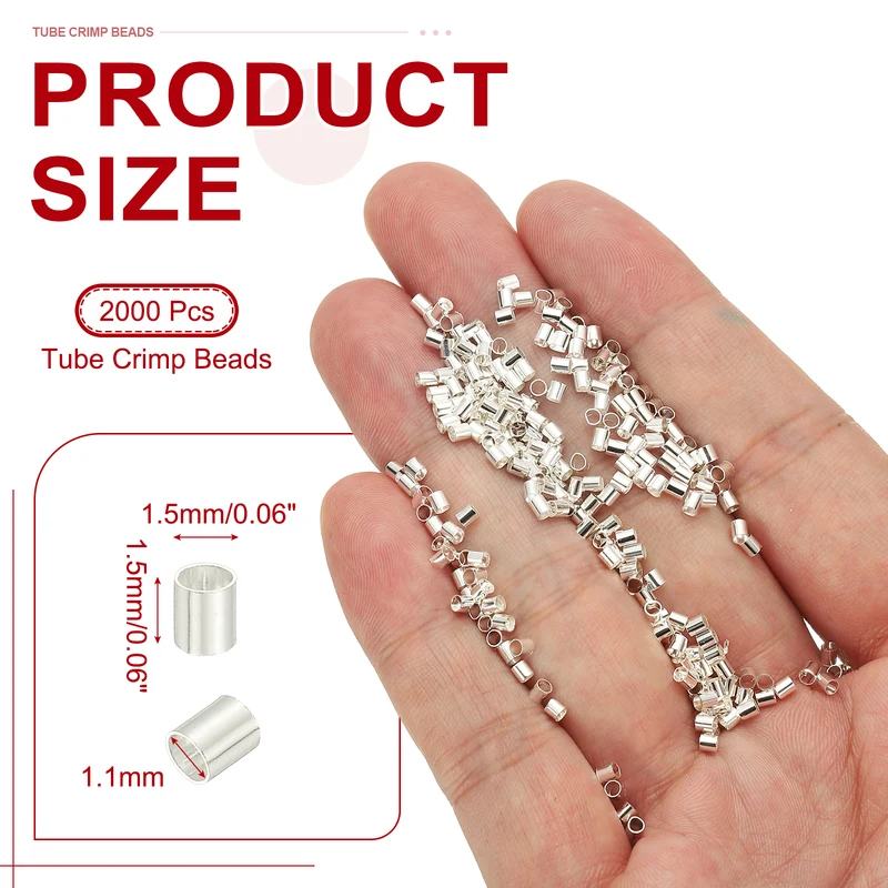 2000 Pcs Tube Crimp Beads, 1.5x1.5mm Crimp Beads for Jewelry Making, Silver