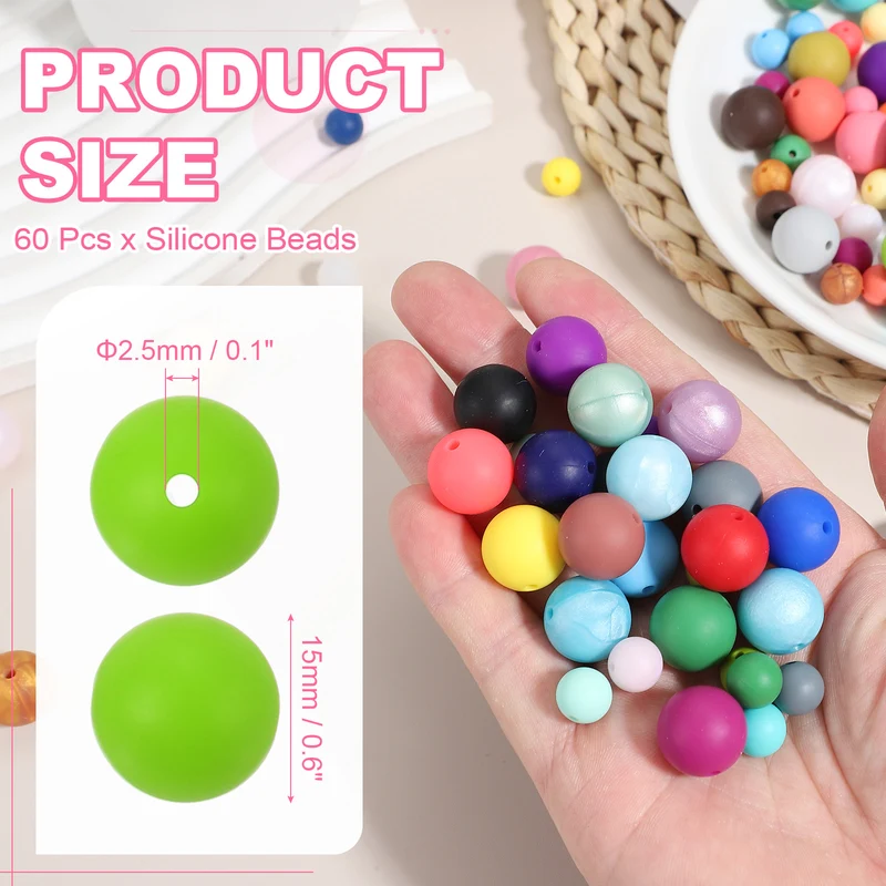 60 Pcs Silicone Beads, 15mm Bulk Beads for Keychain Making, Bright Green