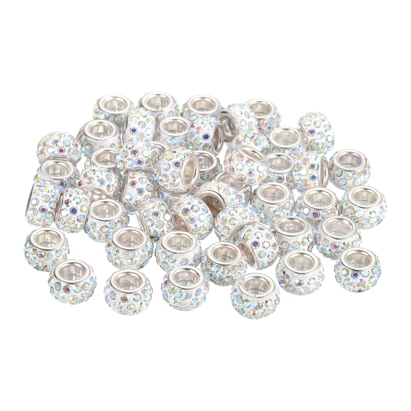 50Pcs European Large Hole Beads, Rhinestone Craft Beads, White AB