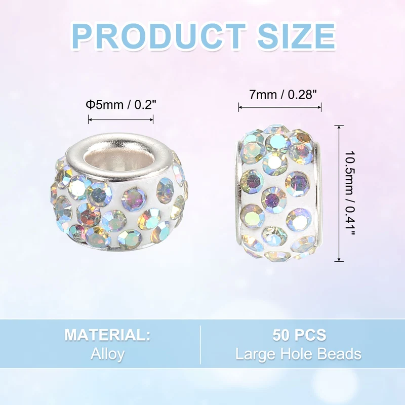 50Pcs European Large Hole Beads, Rhinestone Craft Beads, White AB
