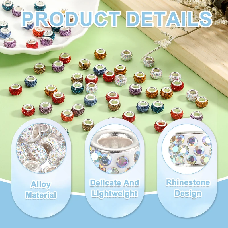 50Pcs European Large Hole Beads, Rhinestone Craft Beads, White AB