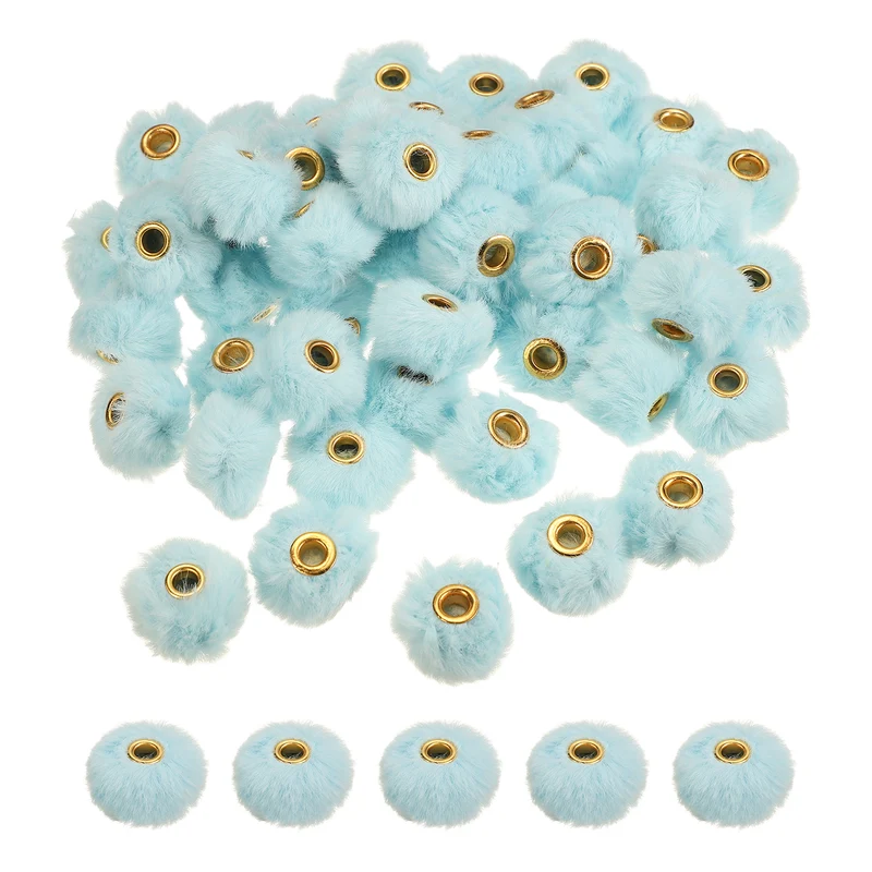 50Pcs Pom Pom Beads, Faux Fur Fuzzy Spacers Bead with 4mm Hole, Light Blue