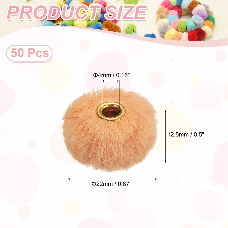 50Pcs Pom Pom Beads, Faux Fur Fuzzy Spacers Bead with 4mm Hole, Orange