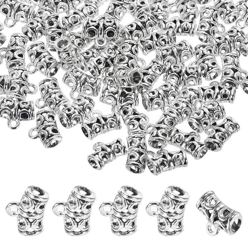 Spacer Bail Bead, 80 Pcs Spacer Beads Charms Holder Bracelet Tube Beads Hanger for Necklace Jewelry DIY Making, Vintage Silver
