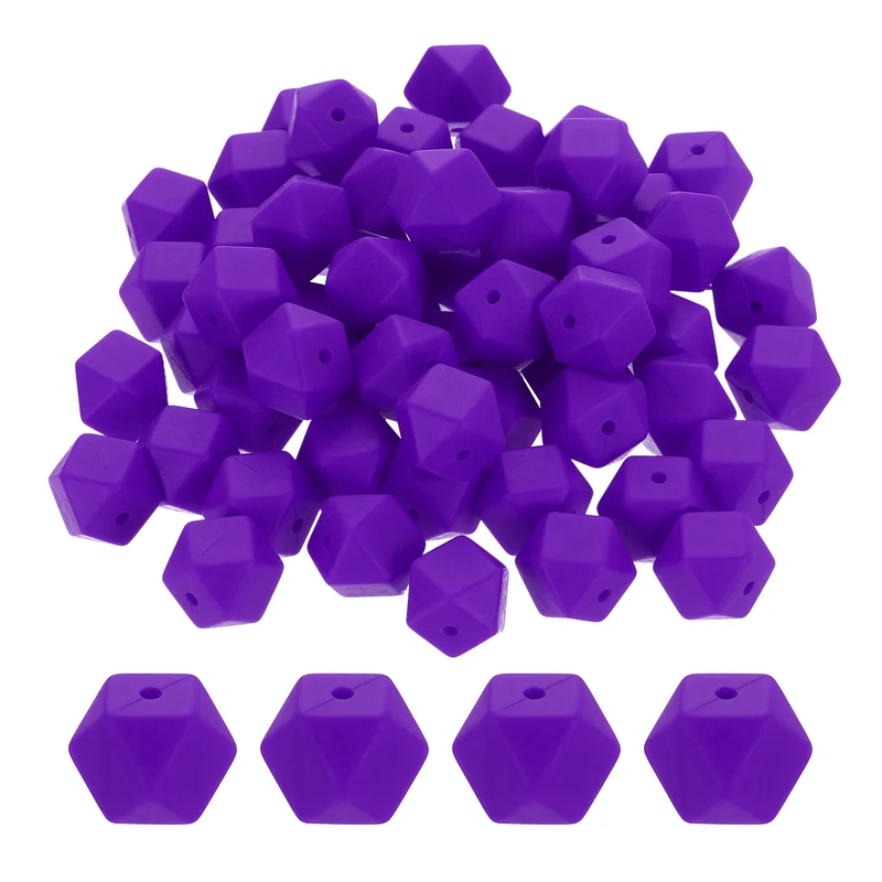 90 Pcs Silicone Beads, 14mm Loose Hexagon Rubber Focal Beads, Dark Purple