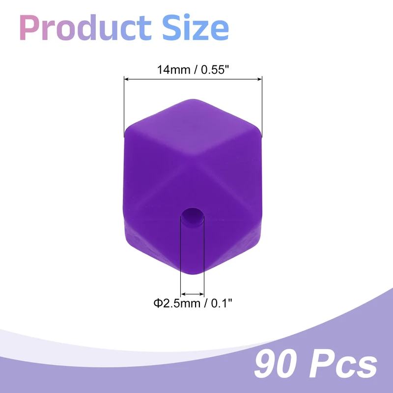 90 Pcs Silicone Beads, 14mm Loose Hexagon Rubber Focal Beads, Dark Purple