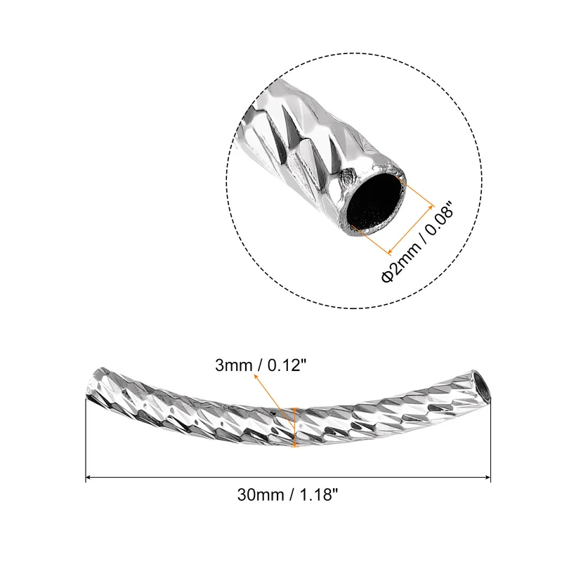 40Pcs Brass Curved Tube Beads 3x30mm Plating Noodles Spacer Bead Silver Tone]
