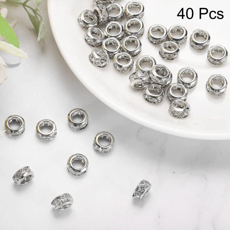 40Pcs 10mm Large Hole Rhinestone Beads European Bulk Spacer Bead Silver