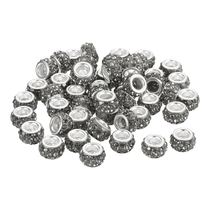 50Pcs European Large Hole Beads, Rhinestone Craft Beads, Grey