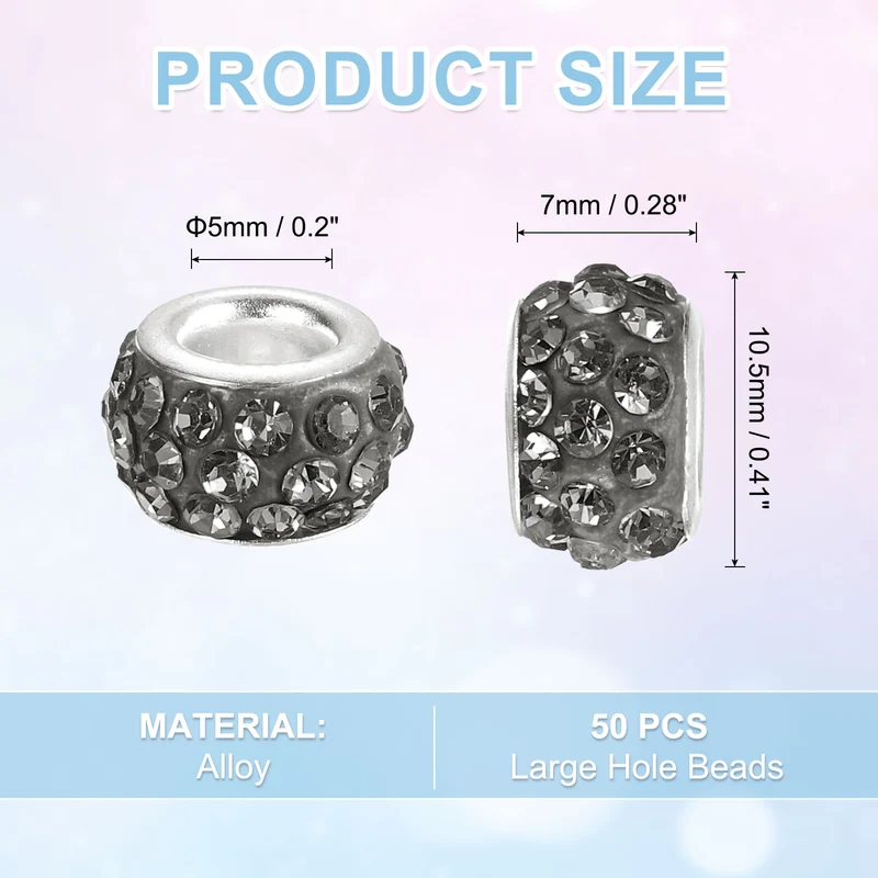 50Pcs European Large Hole Beads, Rhinestone Craft Beads, Grey