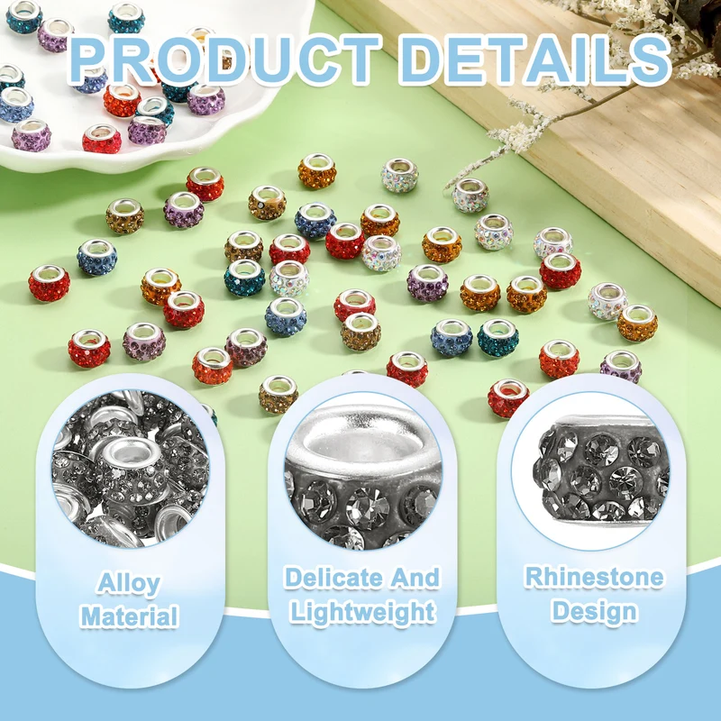 50Pcs European Large Hole Beads, Rhinestone Craft Beads, Grey