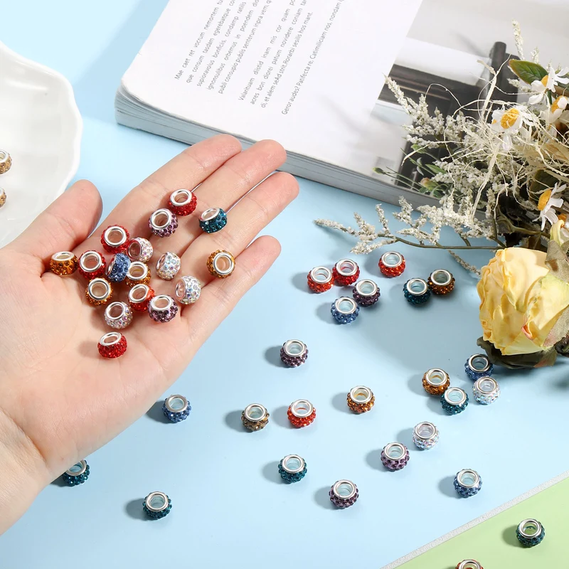 50Pcs European Large Hole Beads, Rhinestone Craft Beads, Grey