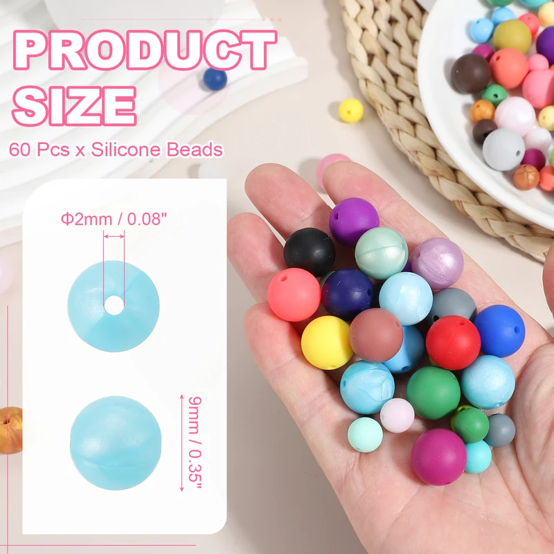 60 Pcs Silicone Beads, 9mm Bulk Beads for Keychain Making, Light Blue