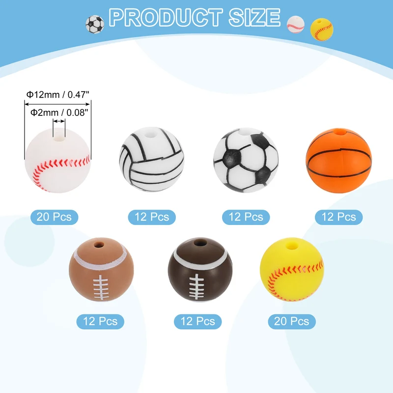Sports Ball Beads, 100Pcs 12mm Silicone Round Spacer Focal Beads (7 Styles)