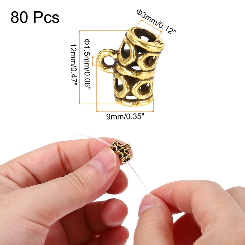 Spacer Bail Bead, 80 Pcs Spacer Beads Charms Holder Bracelet Tube Beads Hanger for Necklace Jewelry DIY Making, Vintage Gold