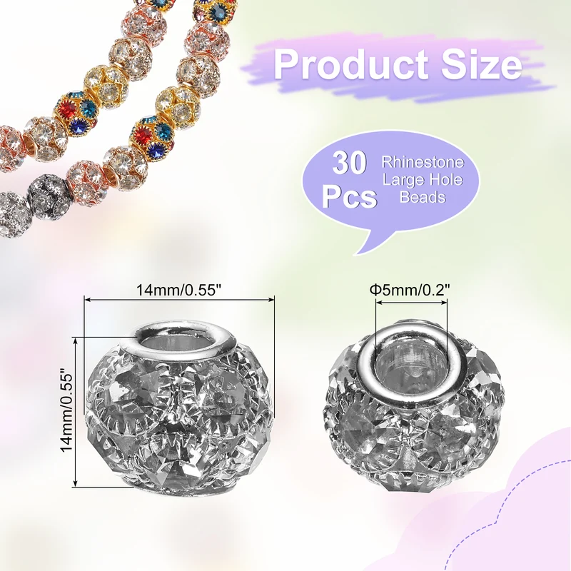 30Pcs Rhinestone Large Hole Beads, 14mm Charm Spacer Beads, Metallic Black