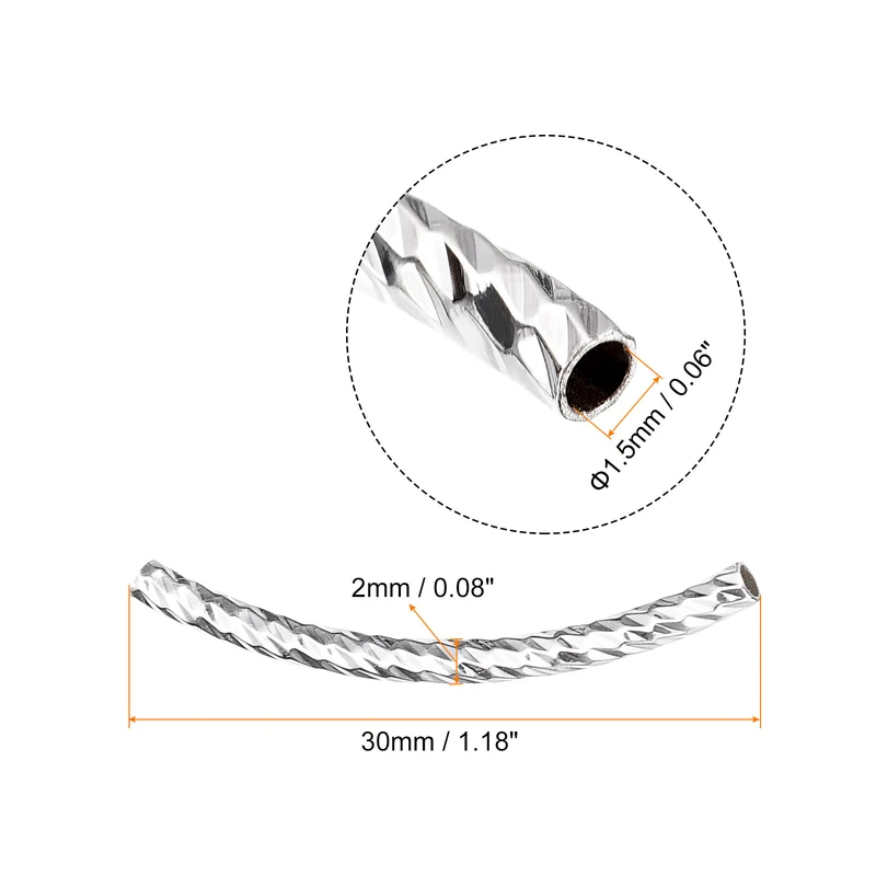 60Pcs Brass Curved Tube Beads, 2x30mm Noodles Spacer Bead, Silver White