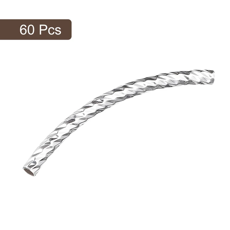 60Pcs Brass Curved Tube Beads, 2x30mm Noodles Spacer Bead, Silver White