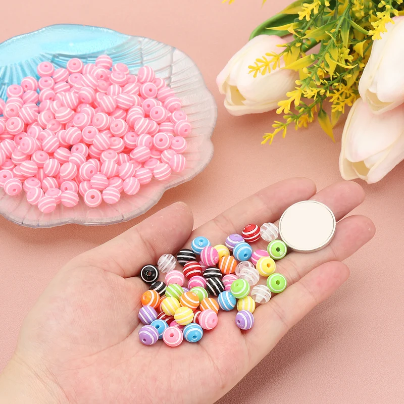 8mm Round Strip Bead, Pink and White Acrylic Rainbow Beads Colorful Jewelry DIY Making Beads Supplies for Bracelets Necklaces, 200 Pcs