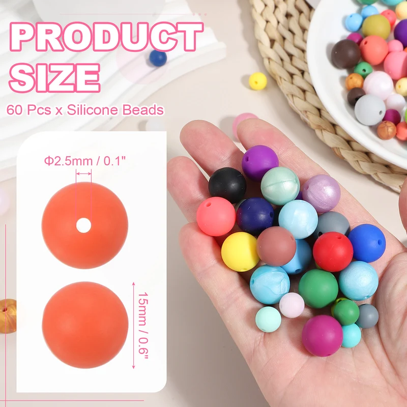 60 Pcs Silicone Beads, 15mm Bulk Beads for Keychain Making, Orange