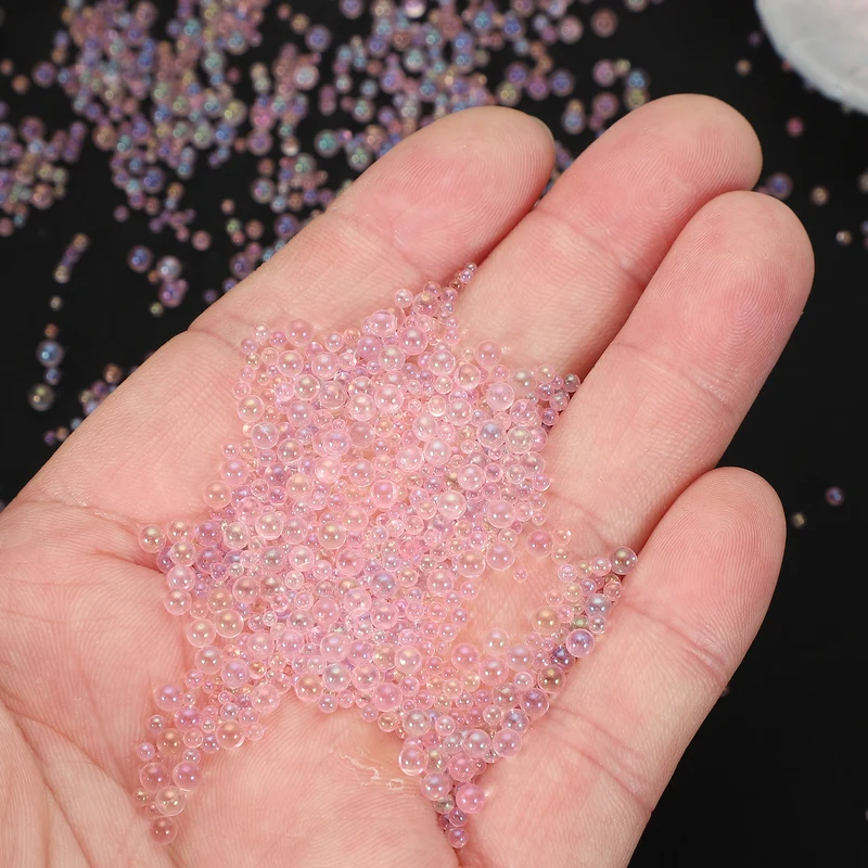 200g 1-3mm Glass Bubble Beads Iridescent No Hole Water Droplet Ball Pink