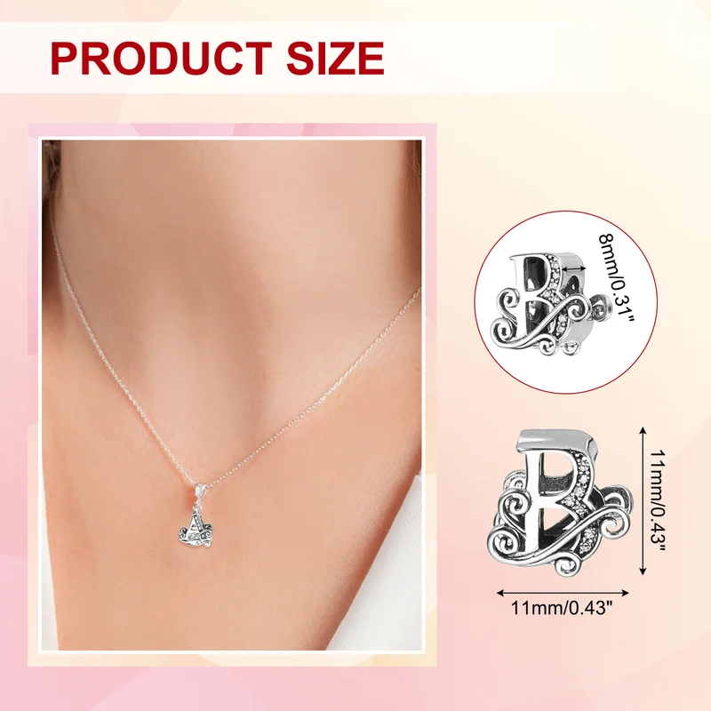 925 Sterling Silver Letter Charm, Alphabet B Letters Bead Charm, Silver Tone