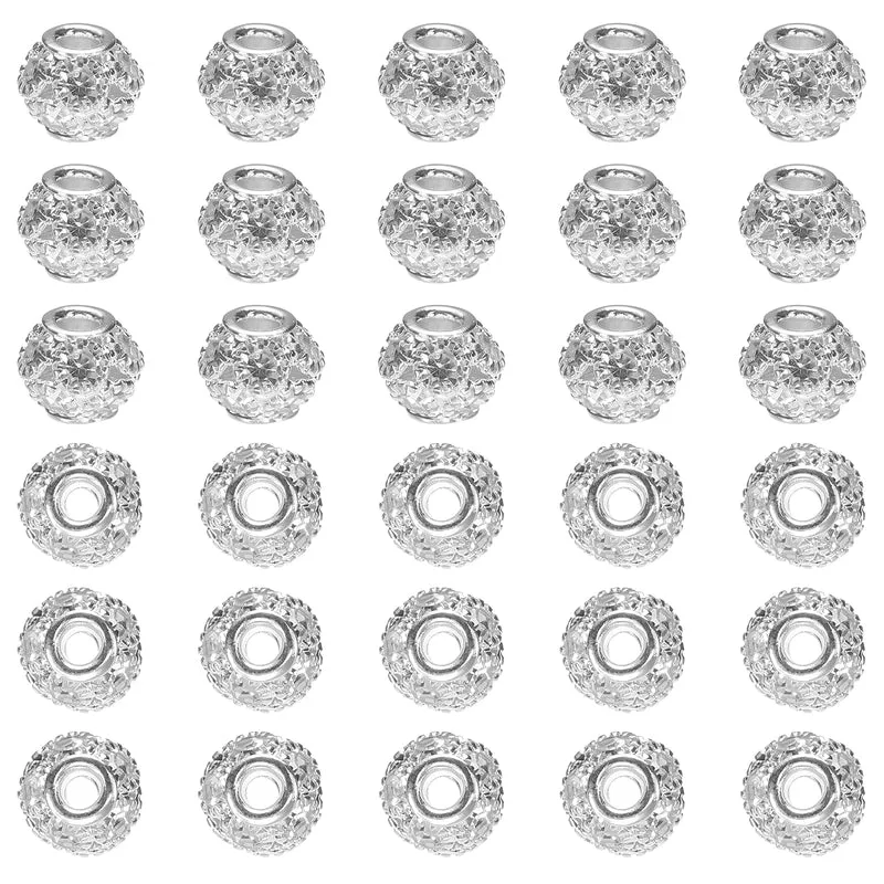 30Pcs Rhinestone Large Hole Beads, 8mm Crystal Charm Spacer Beads, Silver