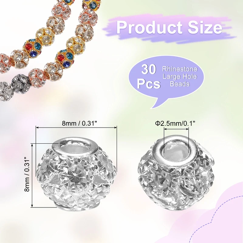 30Pcs Rhinestone Large Hole Beads, 8mm Crystal Charm Spacer Beads, Silver