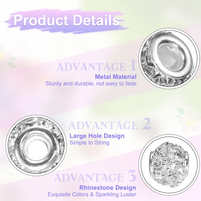 30Pcs Rhinestone Large Hole Beads, 8mm Crystal Charm Spacer Beads, Silver