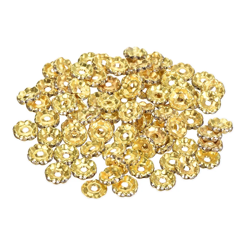 80Pcs 10mm Silver Plated Wavy Rhinestone Rondelle Spacer Beads, Gold