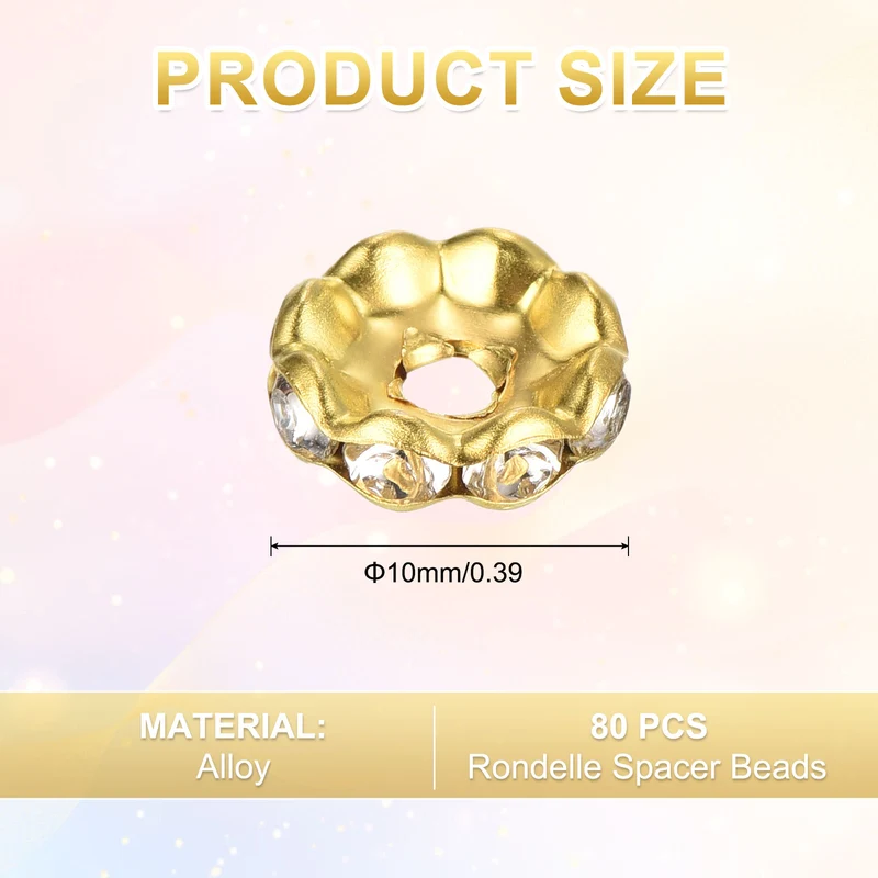 80Pcs 10mm Silver Plated Wavy Rhinestone Rondelle Spacer Beads, Gold