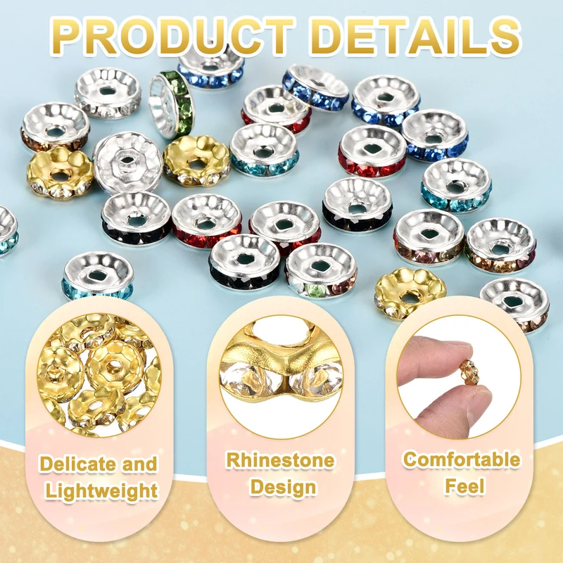 80Pcs 10mm Silver Plated Wavy Rhinestone Rondelle Spacer Beads, Gold