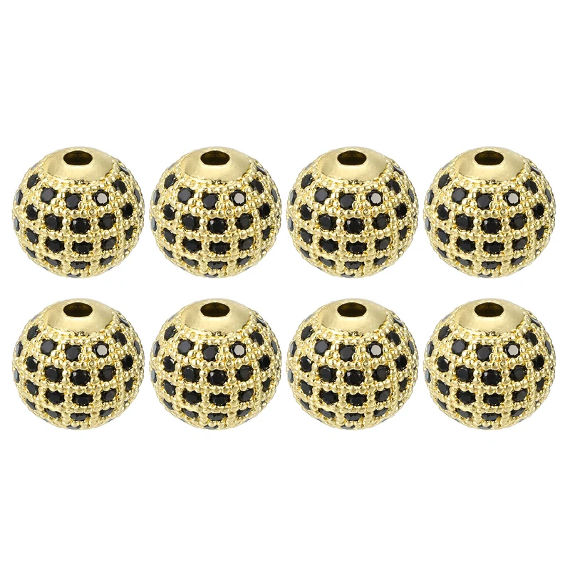 Charm Rhinestone Beads, 8Pcs - 10mm Round Zircon Pave Beads (Black - Gold)