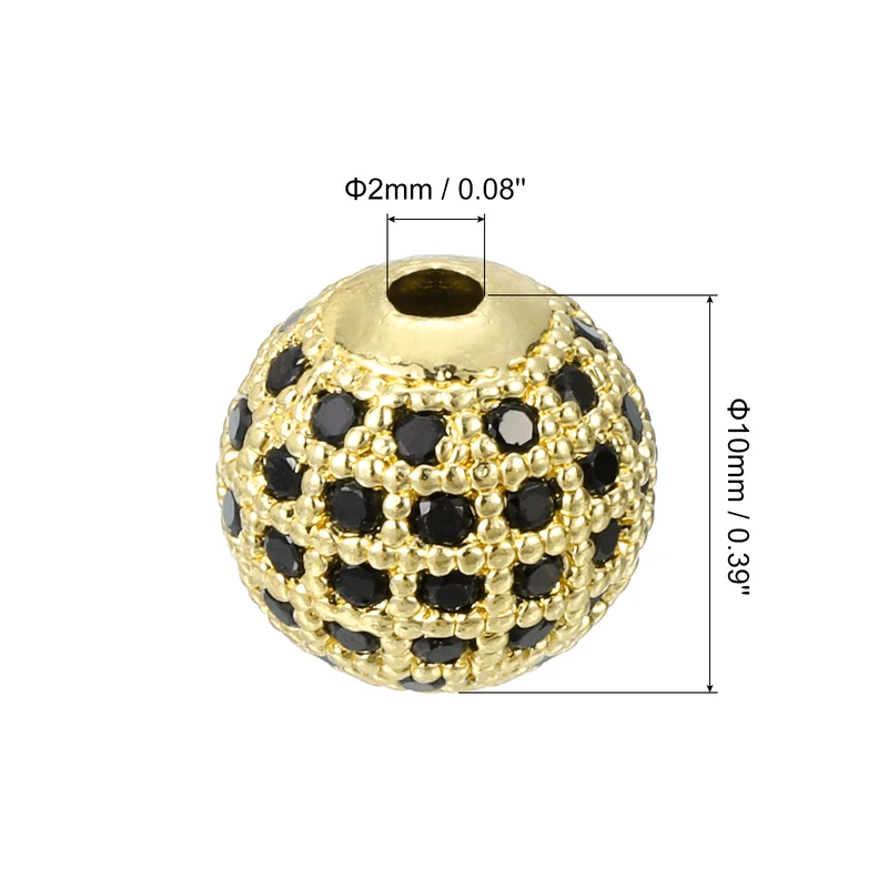 Charm Rhinestone Beads, 8Pcs - 10mm Round Zircon Pave Beads (Black - Gold)